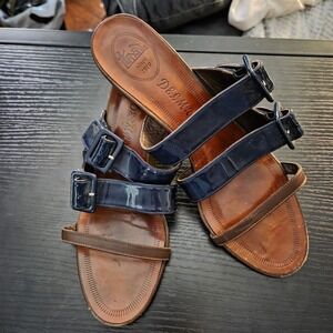 DELMAN Navy Brown Patent Leather Strappy Buckle Wedge Sandals Women's Size 9M